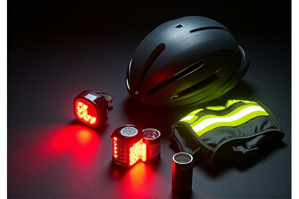 A collection of high-visibility cycling gear, including bright lights, reflective vests, and reflective strips, arranged on a dark background.