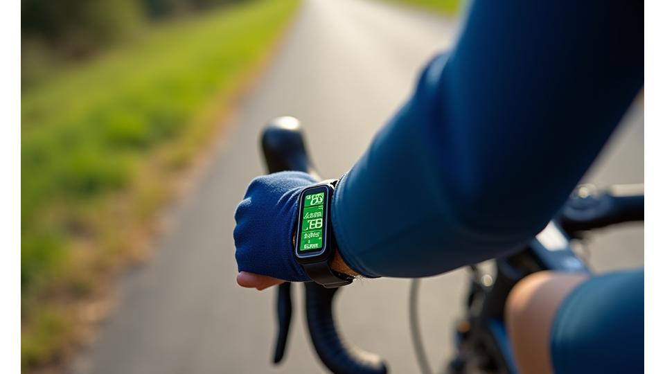 Cyclist's perspective looking down at a bike computer displaying various fitness metrics like heart rate and power